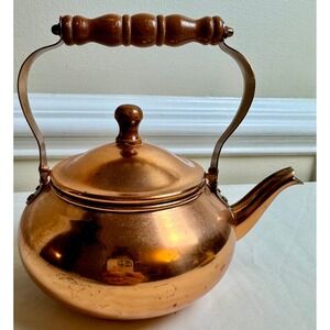 Vintage 1984 FTD Copper Tea Kettle Wood Handle Farmhouse Coutry Kitchen Decor